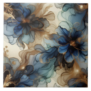 Royal Blue and Gold Floral Alcohol Ink Ceramic Tile