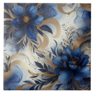 Royal Blue and Gold Floral Alcohol Ink Ceramic Tile