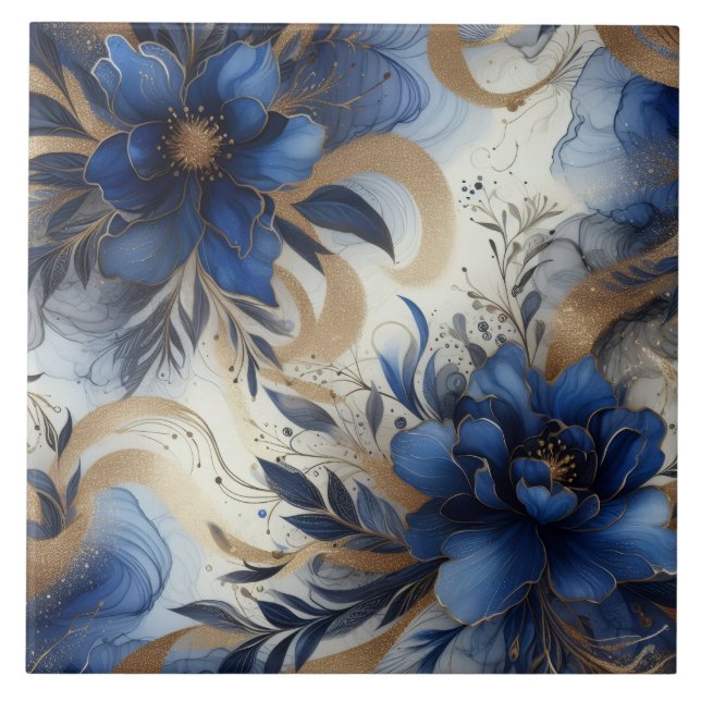 Royal Blue and Gold Floral Alcohol Ink Ceramic Tile (Front)