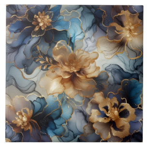 Royal Blue and Gold Floral Alcohol Ink Ceramic Tile