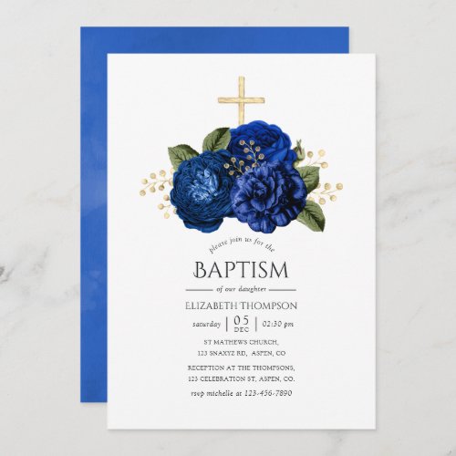 Royal Blue and Gold Floral Baptism Invitation