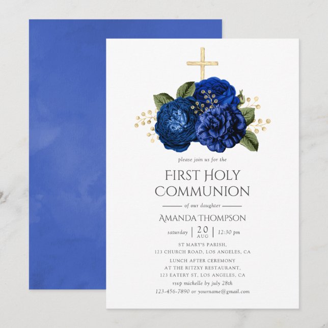 Royal Blue and Gold Floral First Holy Communion Invitation (Front/Back)