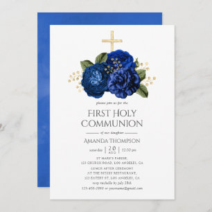 Royal Blue and Gold Floral First Holy Communion Invitation