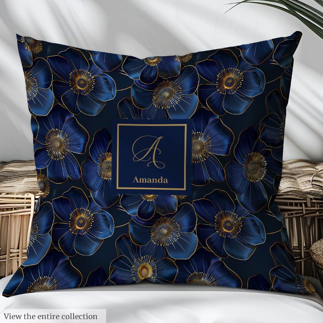Royal Blue and Gold Floral Pillow Elegant Monogram (Royal Blue and Gold Floral Pillow Elegant Monogram)