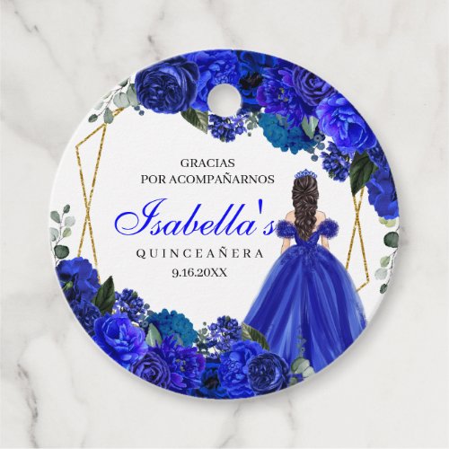 Royal Blue and Gold Floral Quinceanera Circle Favor Tags