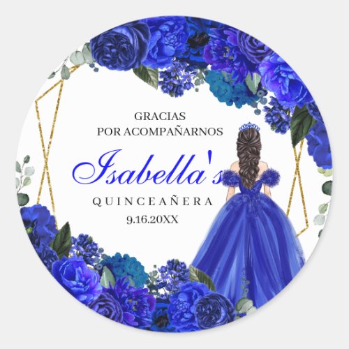 Royal Blue and Gold Floral Quinceanera Classic Round Sticker