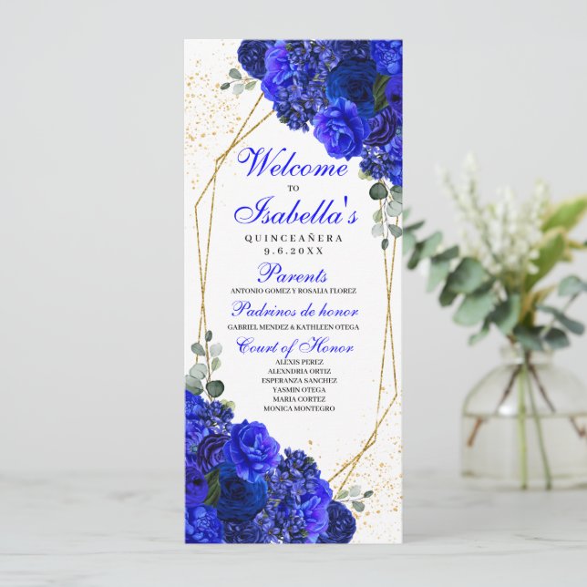Royal Blue and Gold Floral Quinceanera Program (Standing Front)