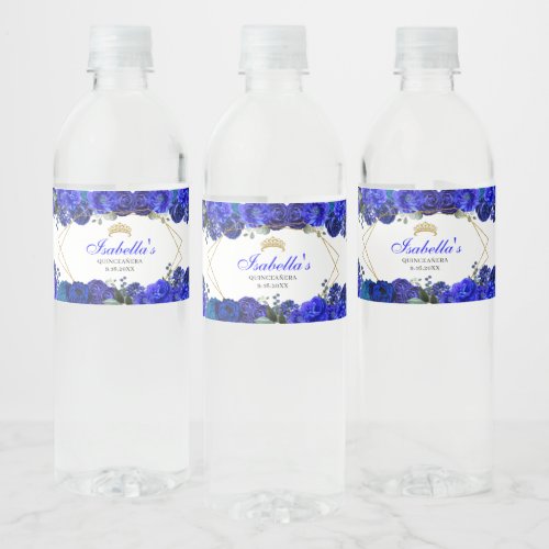 Royal Blue and Gold Floral Quinceanera Water Bottle Label