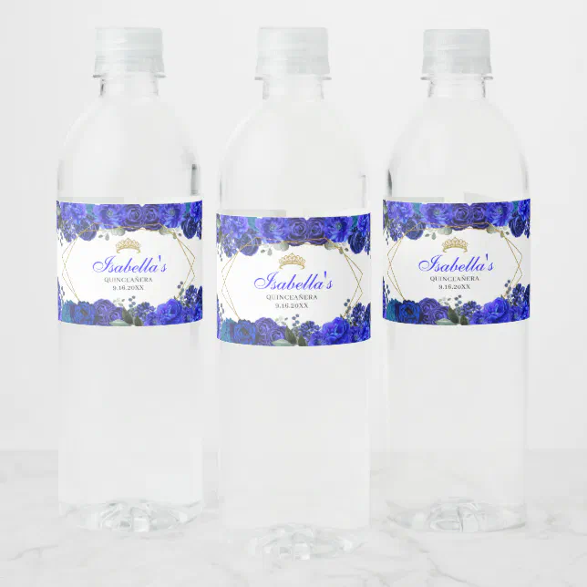 Royal Blue and Gold Floral Quinceanera Water Bottle Label Zazzle
