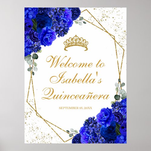 Royal Blue and Gold Floral Quinceanera Welcome Poster