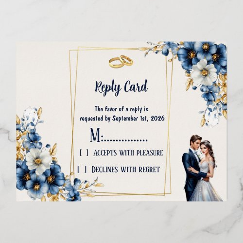 Royal Blue and Gold Floral RSVP Wedding Reply Card