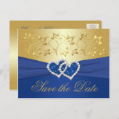 Royal Blue and Gold Floral Save the Date Card (Front/Back)