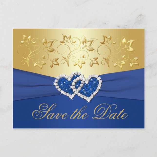 Royal Blue and Gold Floral Save the Date Card (Front)