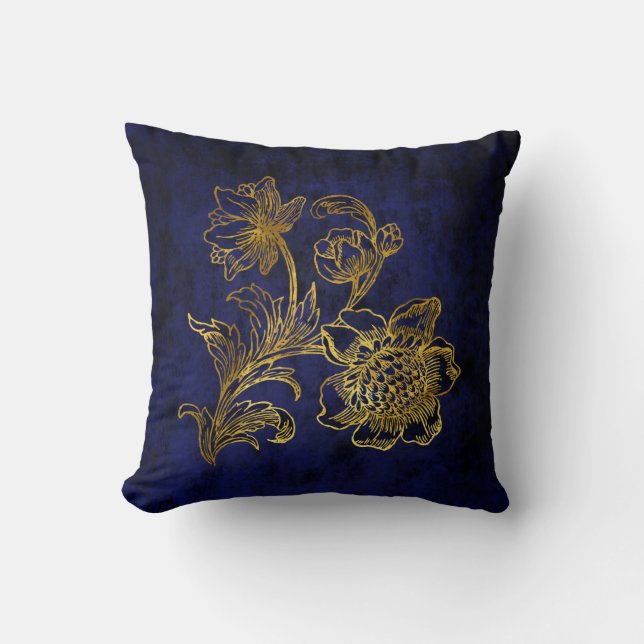 Royal Blue And Gold Floral Throw Pillow (Front)