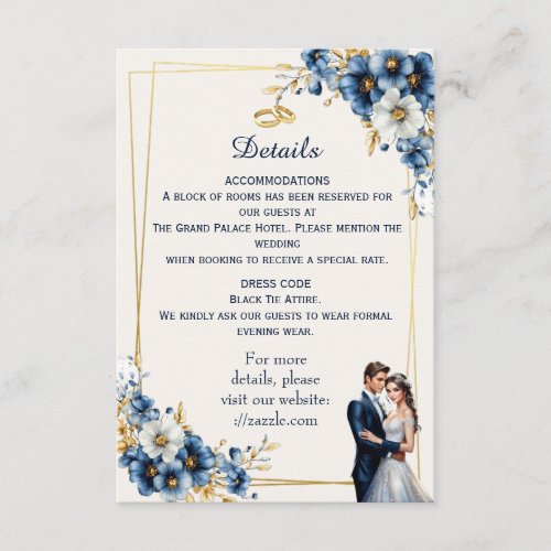 Royal Blue and Gold Floral Wedding Details Card