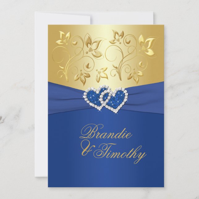 Royal Blue and Gold Floral Wedding Invitation (Front)
