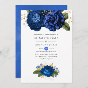 Royal Blue and Gold Floral Wedding Invitation