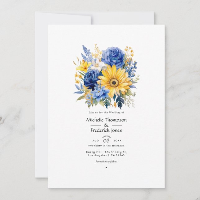 Royal Blue and Gold Floral Wedding Invitation (Front)