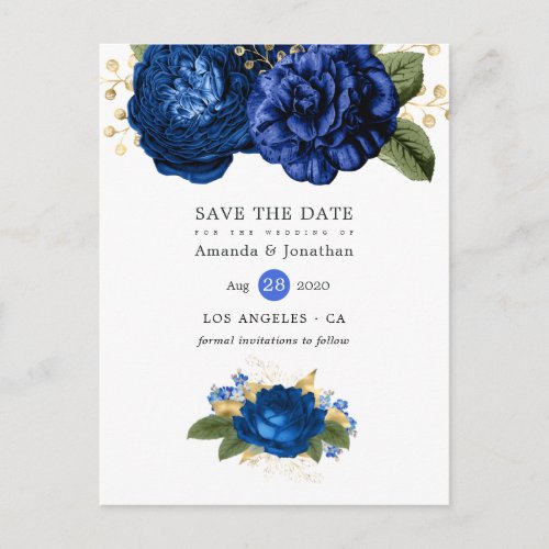 Royal Blue and Gold Floral Wedding Save the Date Announcement Postcard