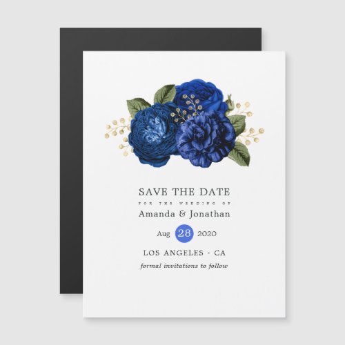 Royal Blue and Gold Floral Wedding Save the Date Magnetic Invitation