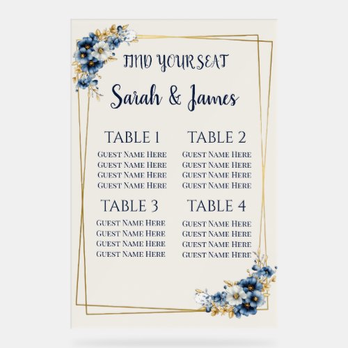 Royal Blue and Gold Floral Wedding Seating Chart F