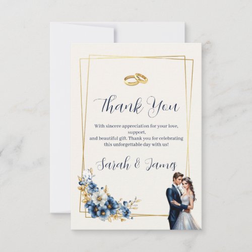 Royal Blue and Gold Floral Wedding Thank You Card
