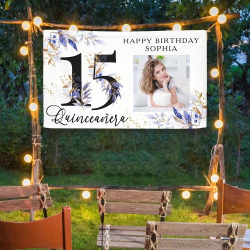 Royal Blue and Gold Foliage Quinceanera Photo Banner