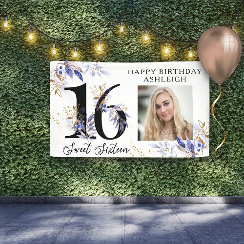 Royal Blue and Gold Foliage Sweet 16 Photo Banner