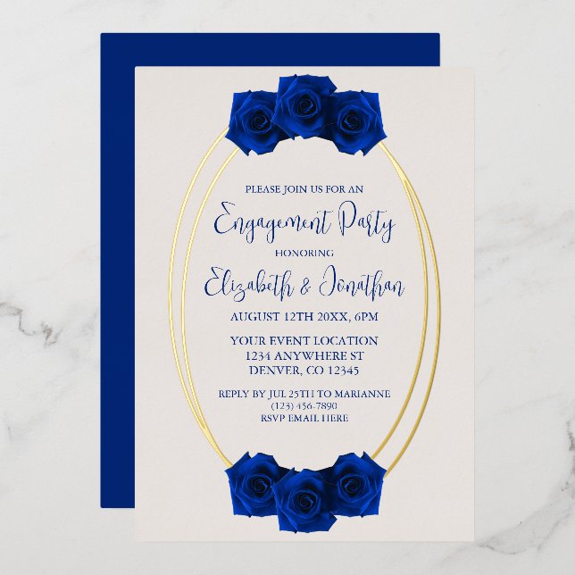 Royal Blue and Gold Geometric Engagement Party Foil Invitation (Front/Back)