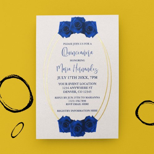 Royal Blue and Gold Geometric Quinceaera Foil Invitation
