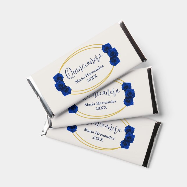 Royal Blue and Gold Geometric Quinceañera Hershey Bar Favors (Front)