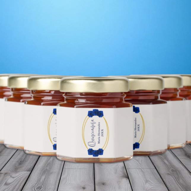 Royal Blue and Gold Geometric Quinceañera Honey Jar Favors (Creator Uploaded)