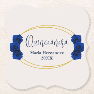 Royal Blue and Gold Geometric Quinceañera Paper Coaster