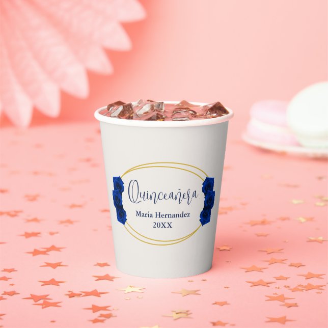 Royal Blue and Gold Geometric Quinceañera Paper Cups (Insitu)