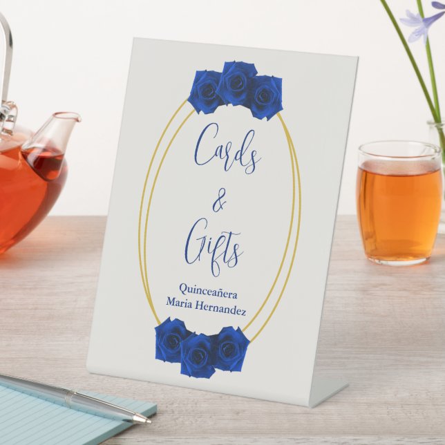 Royal Blue and Gold Geometric Quinceañera Pedestal Sign (In SItu)