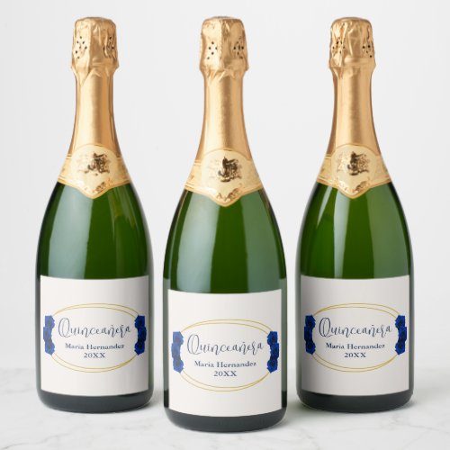 Royal Blue and Gold Geometric Quinceaera Sparkling Wine Label