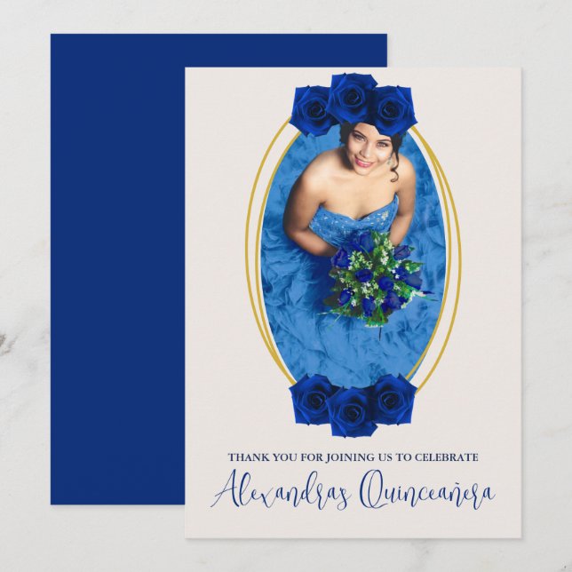 Royal Blue and Gold Geometric Quinceañera Thank You Card (Front/Back)