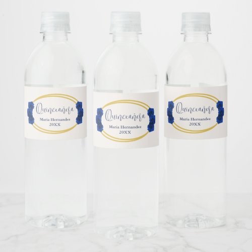Royal Blue and Gold Geometric Quinceaera Water Bottle Label