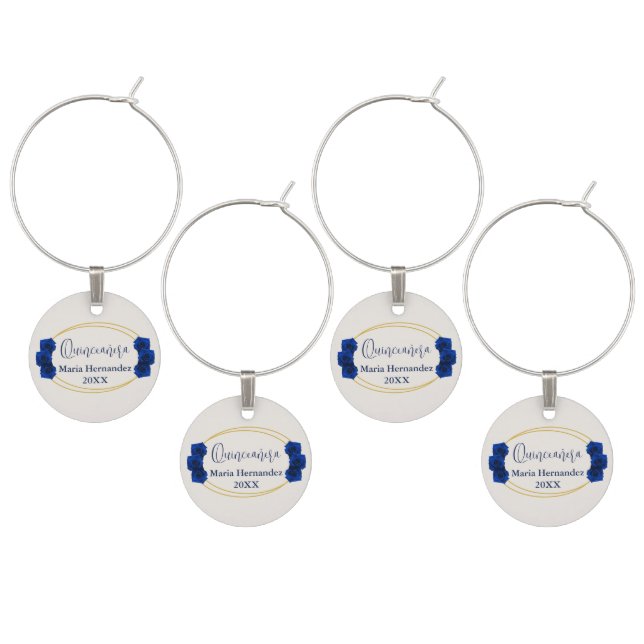 Royal Blue and Gold Geometric Quinceañera Wine Charm (Staggered)