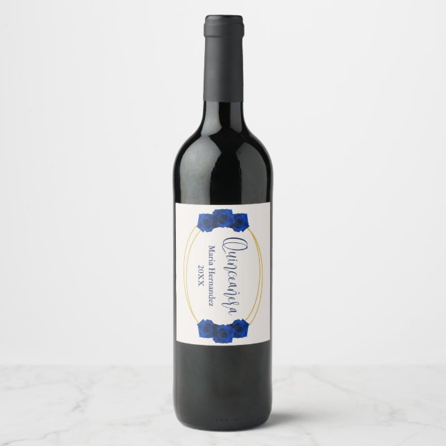 Royal Blue and Gold Geometric Quinceañera Wine Label (Front)