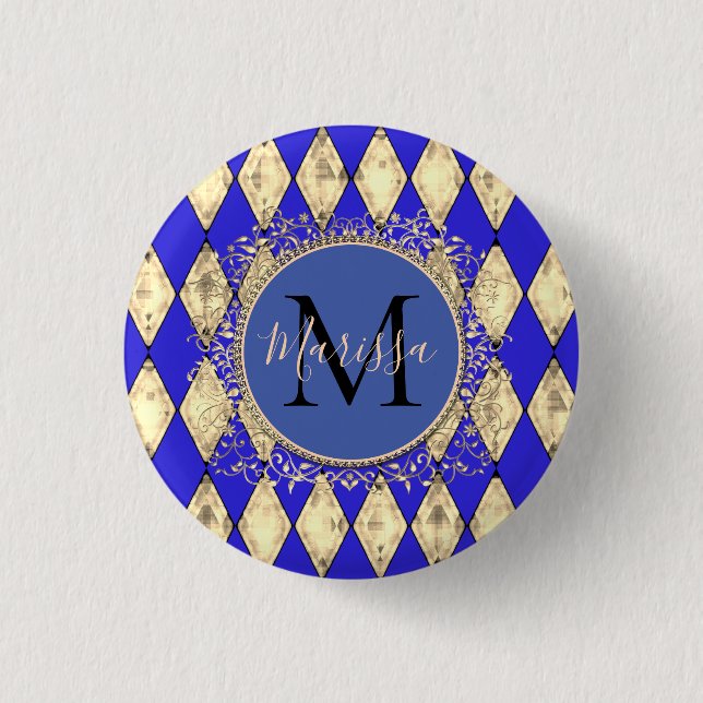 Royal Blue and Gold Glam Monogram  Button (Front)