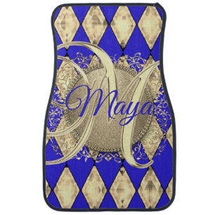 Royal Blue and Gold Glam Monogram Car Floor Mat