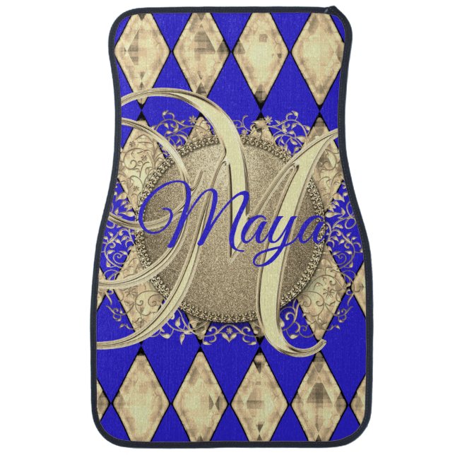 Royal Blue and Gold Glam Monogram Car Floor Mat (Front)