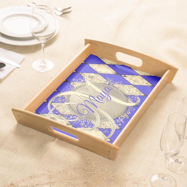 Royal Blue and Gold Glam Monogram Serving Tray (Front)