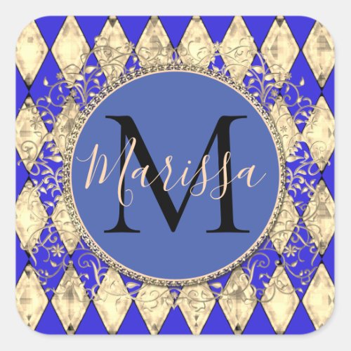 Royal Blue and Gold Glam Monogram  Square Sticker
