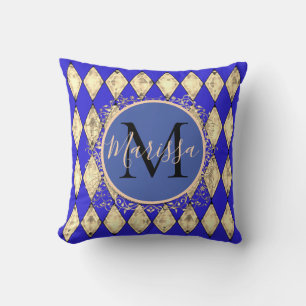 Royal Blue and Gold Glam Monogram Throw Pillow