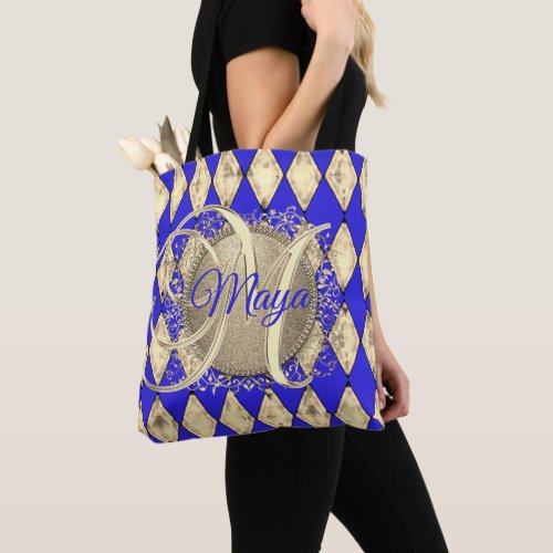 Royal Blue and Gold Glam Monogram Tote Bag