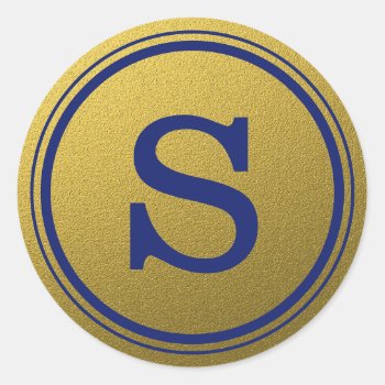 Royal Blue And Gold Glitter Monogram Initial Classic Round Sticker by InitialsMonogram at Zazzle
