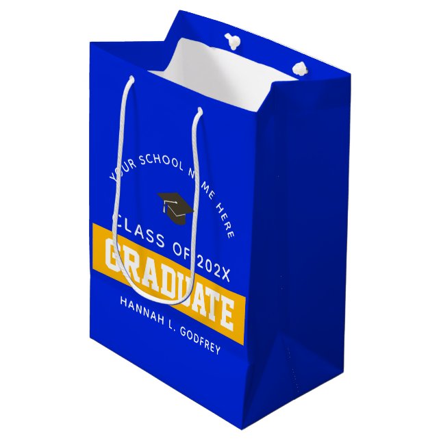Royal Blue and Gold Graduation Congrats Custom Medium Gift Bag (Front Angled)
