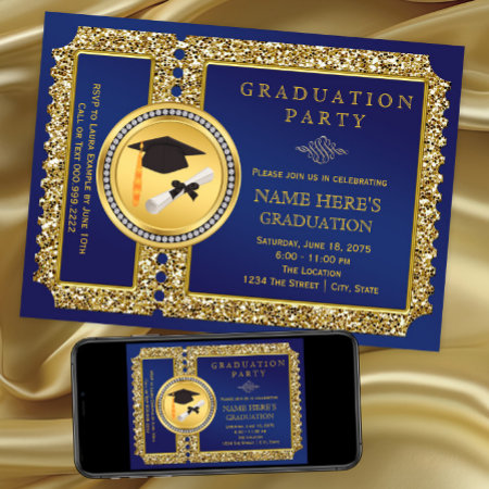 Royal Blue And Gold Graduation Invitation